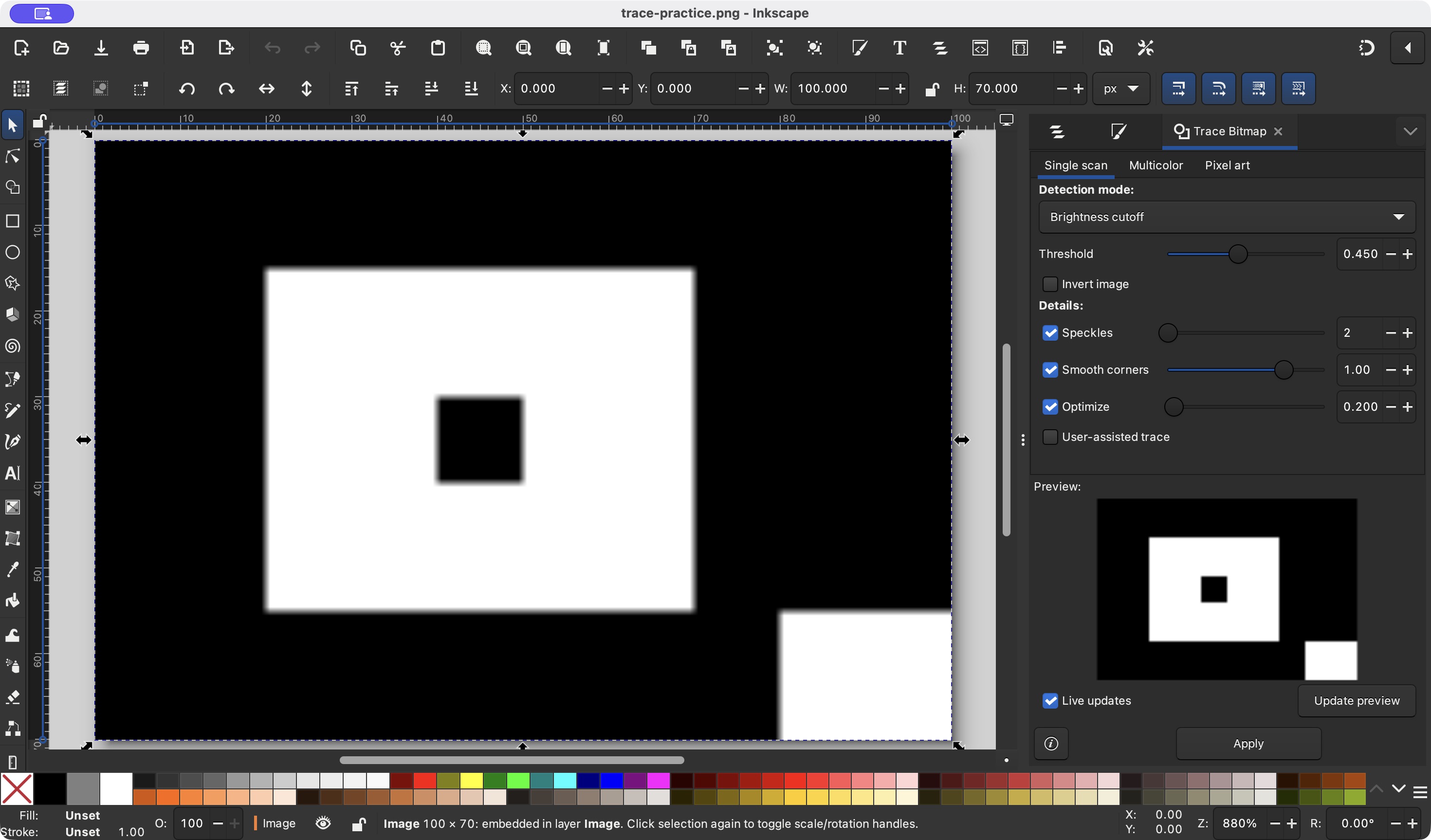 Inkscape Trace Bitmap panel with single-scan brightness cutoff and hole/island preview