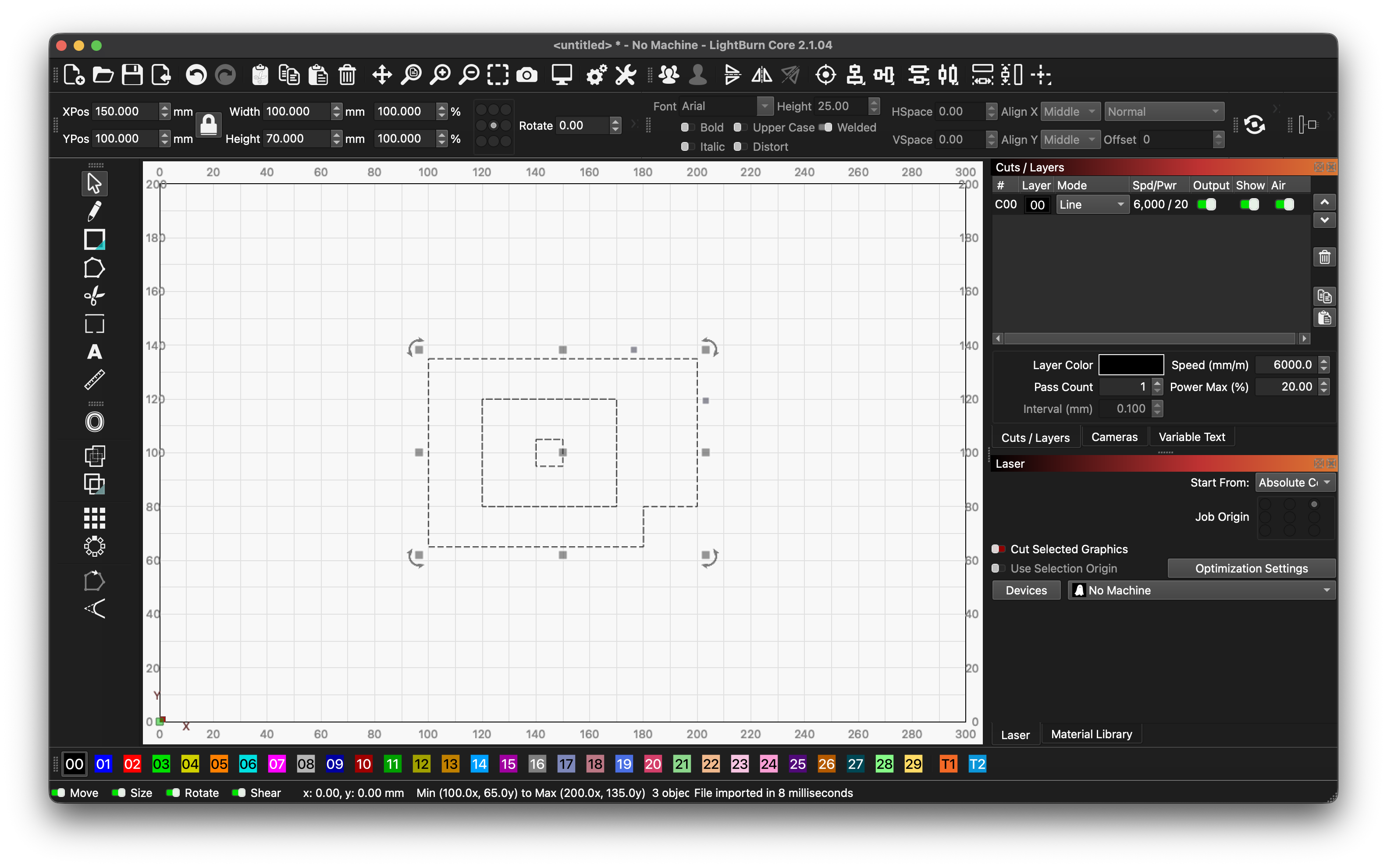 Actual LightBurn 2.1.04 Core SVG import screenshot showing selected 100 by 70 mm calibration with hole and island